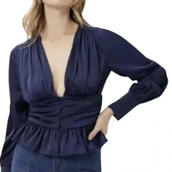 Jason Wu Navy Satin Peplum Style Blouse - Picture 1 of 8